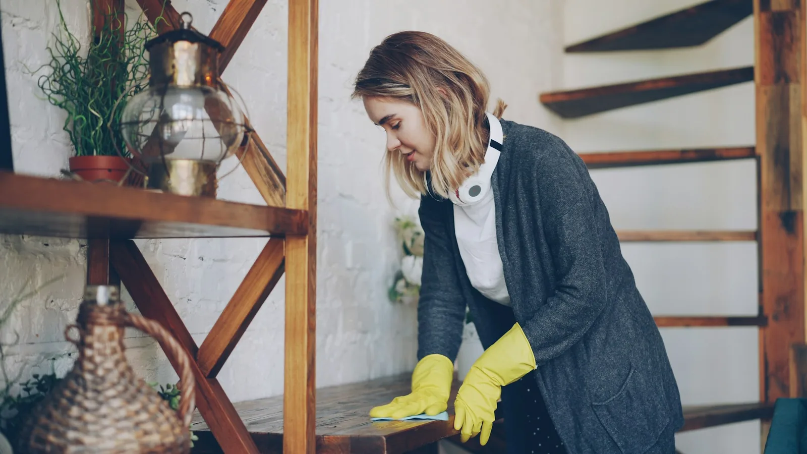 A person cleaning a spot on a hard floor with a cloth