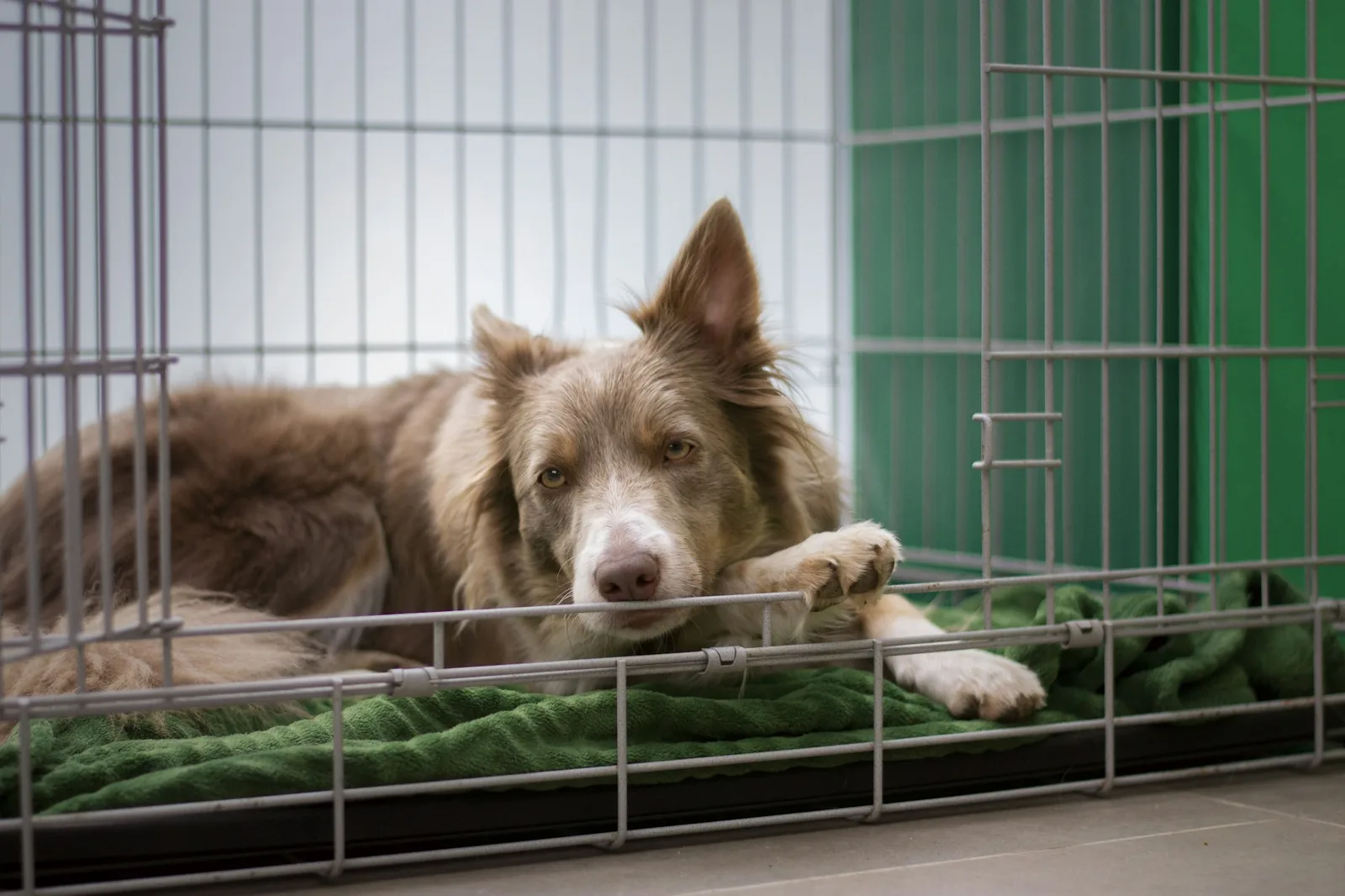 A dog lying calmly inside an open crate with soft bedding