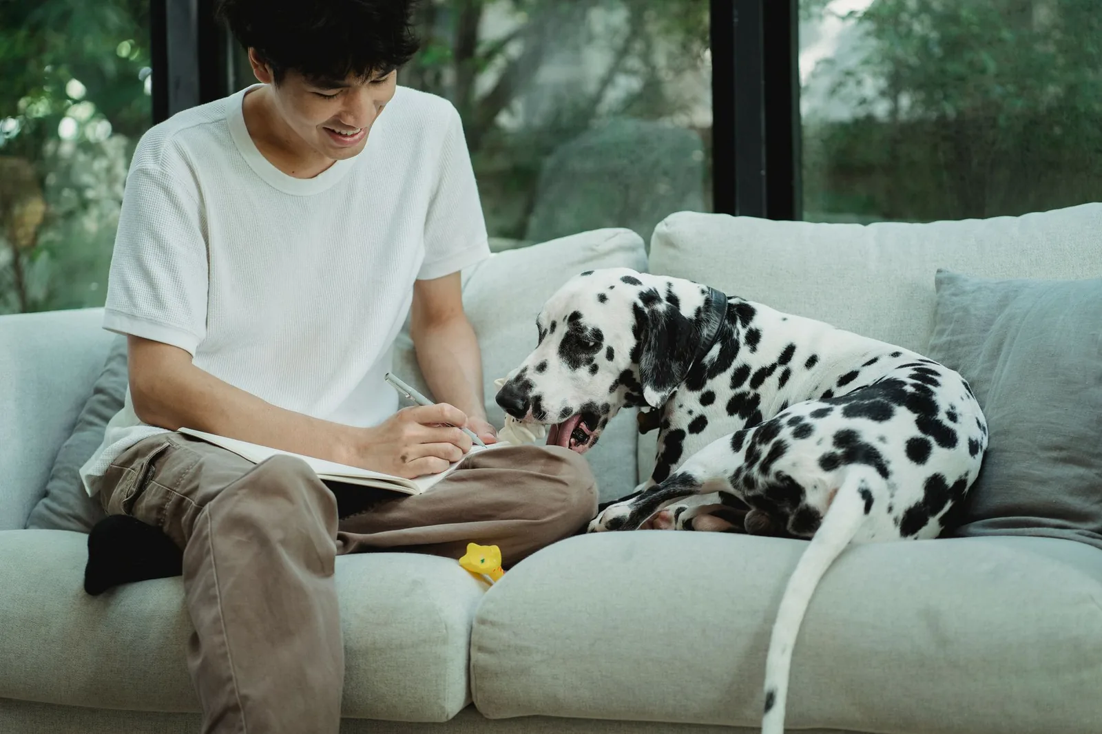 A person sitting with a dog at home, making notes