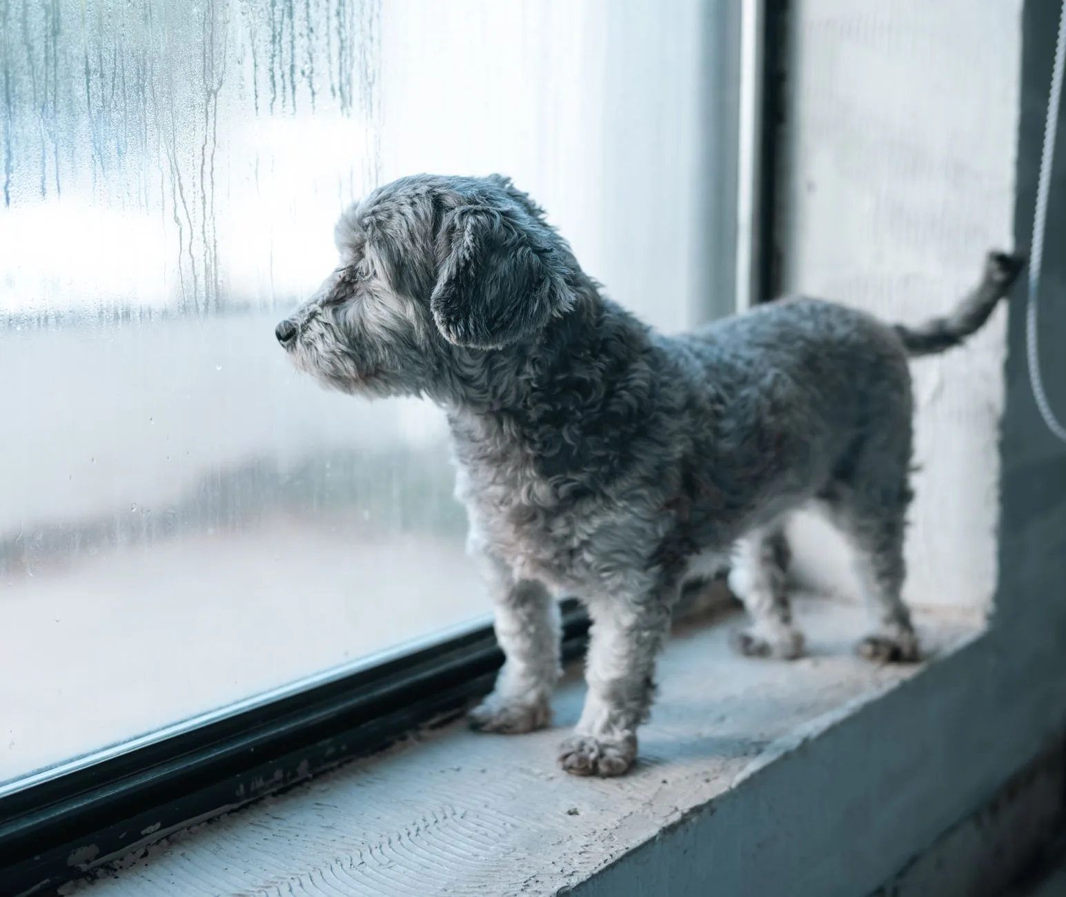 A small dog resting by a window in an empty room