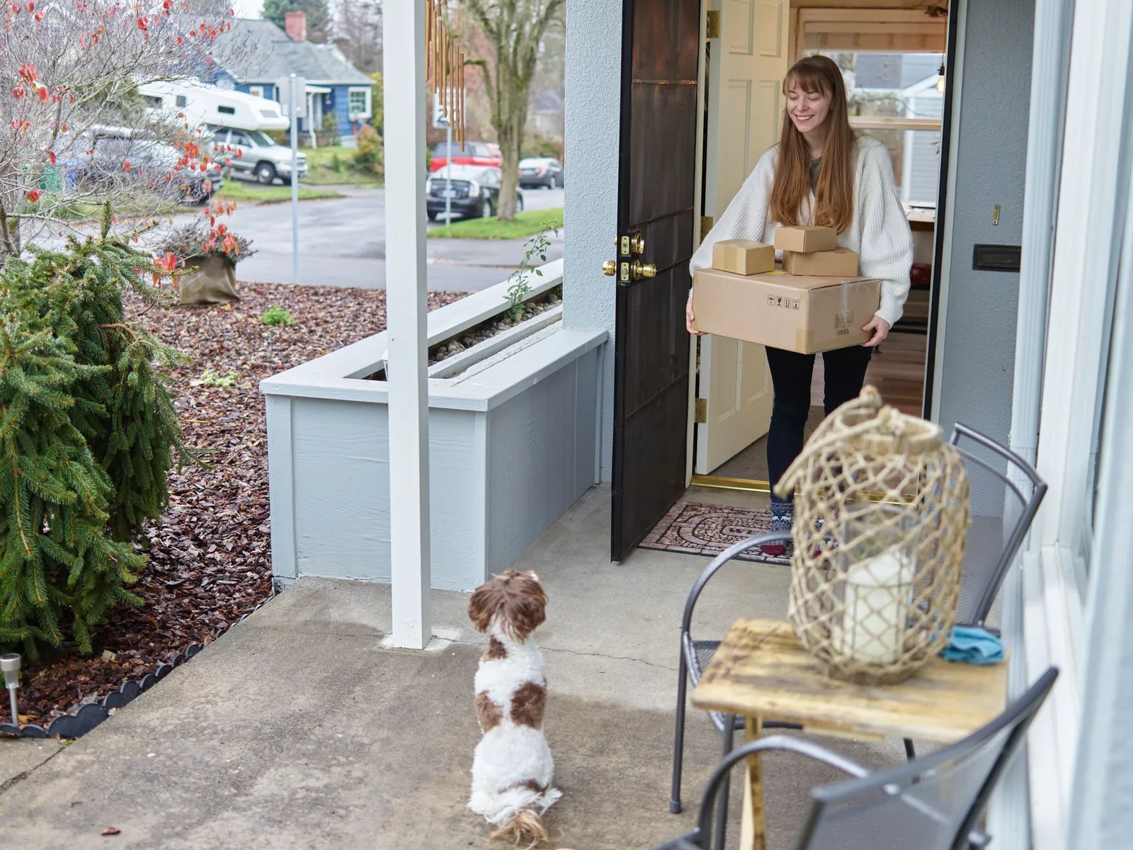 A visitor being greeted by a dog at a doorway