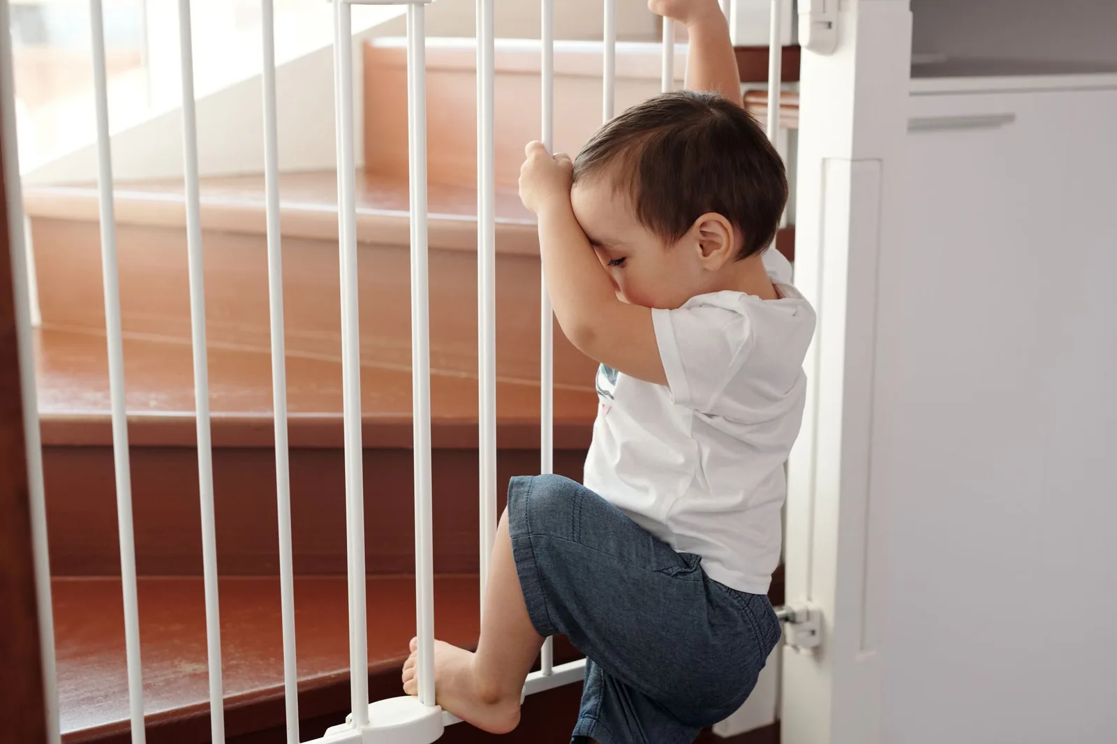 A baby gate fitted across an interior doorway