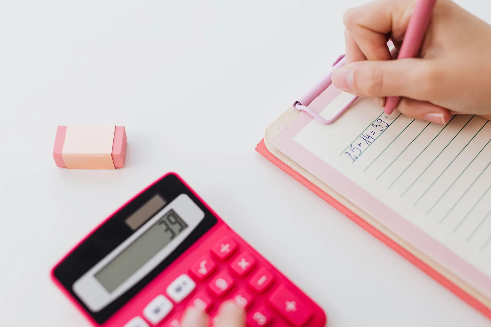A calculator and notebook used for budgeting