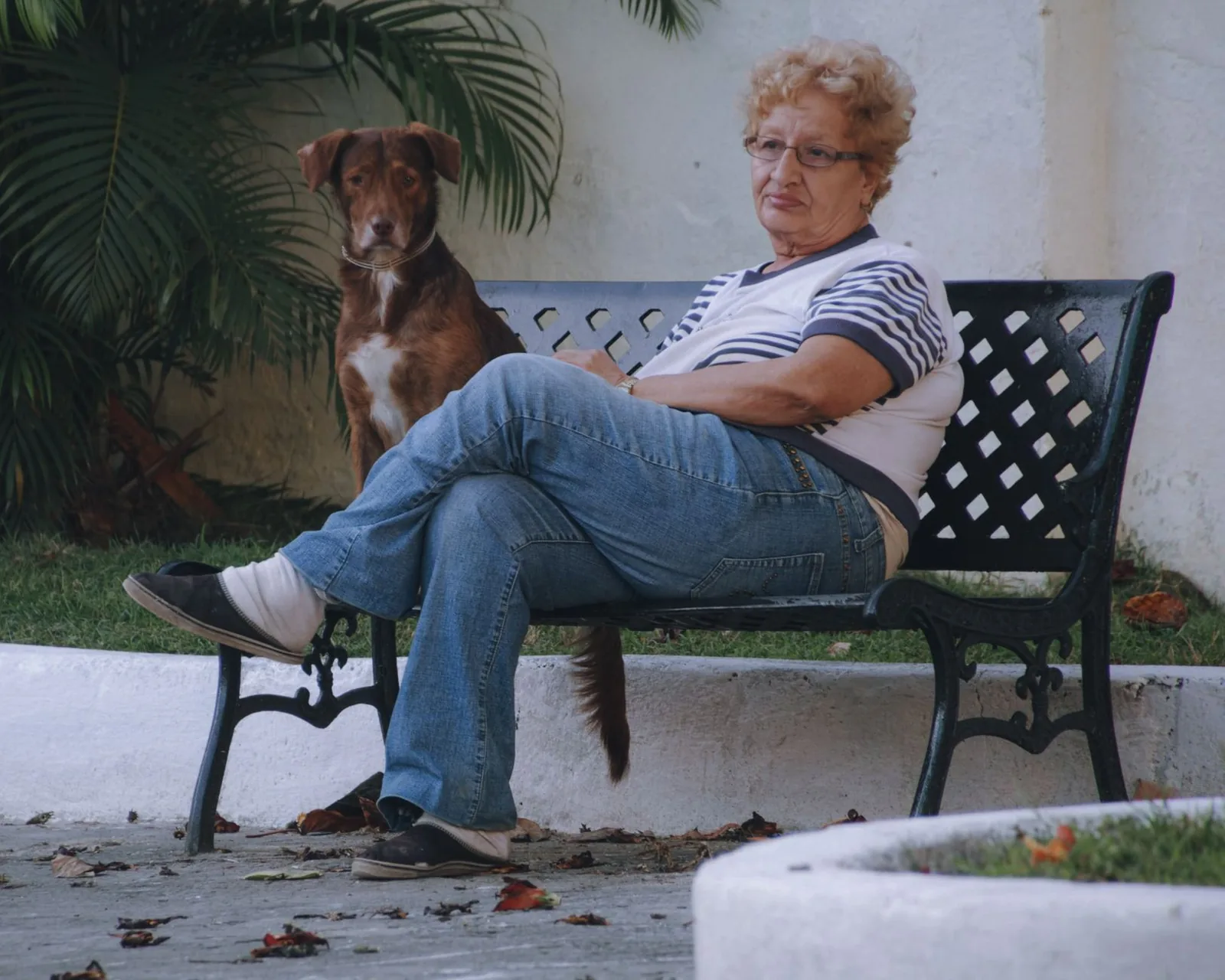 A person sitting quietly on the floor beside a dog
