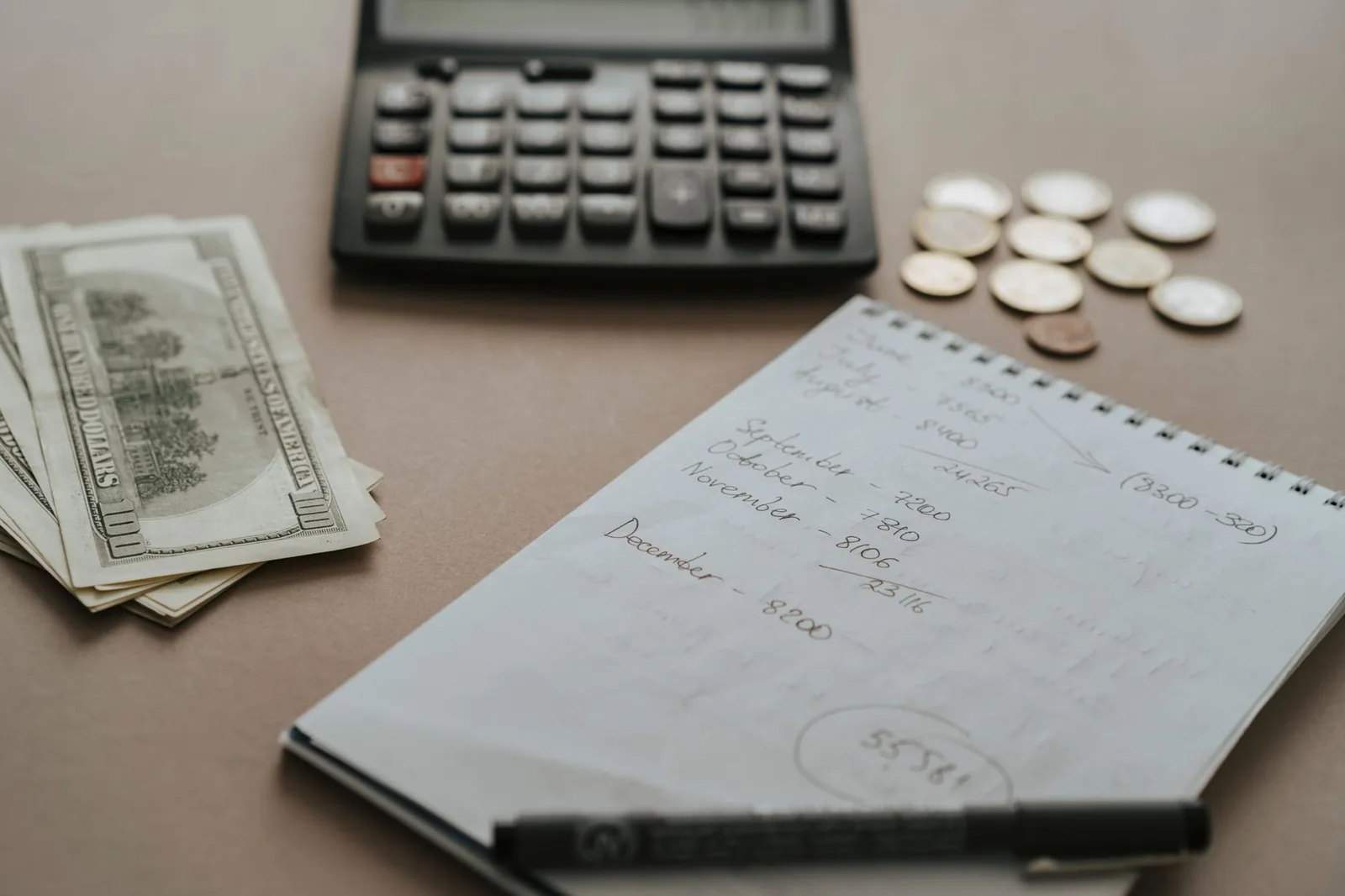 A calculator and notebook laid out for budgeting