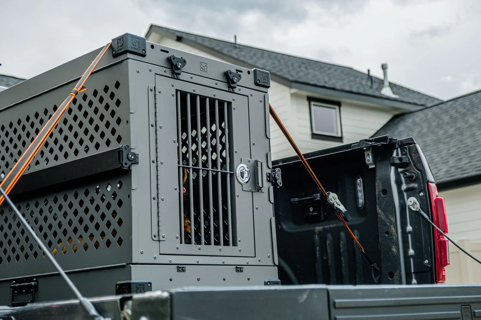A travel crate loaded in a vehicle