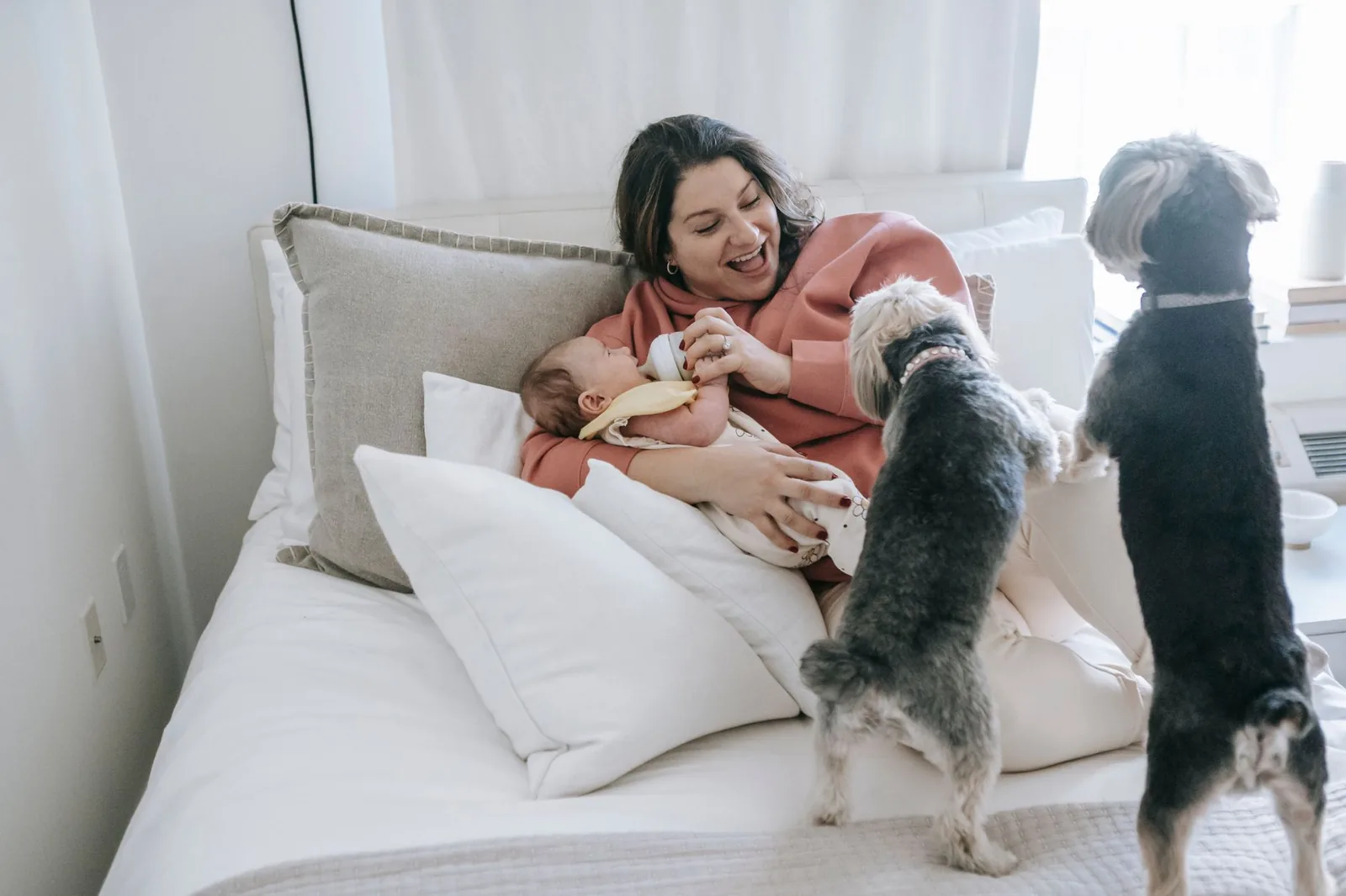 An adult holding a baby while a dog observes from a distance