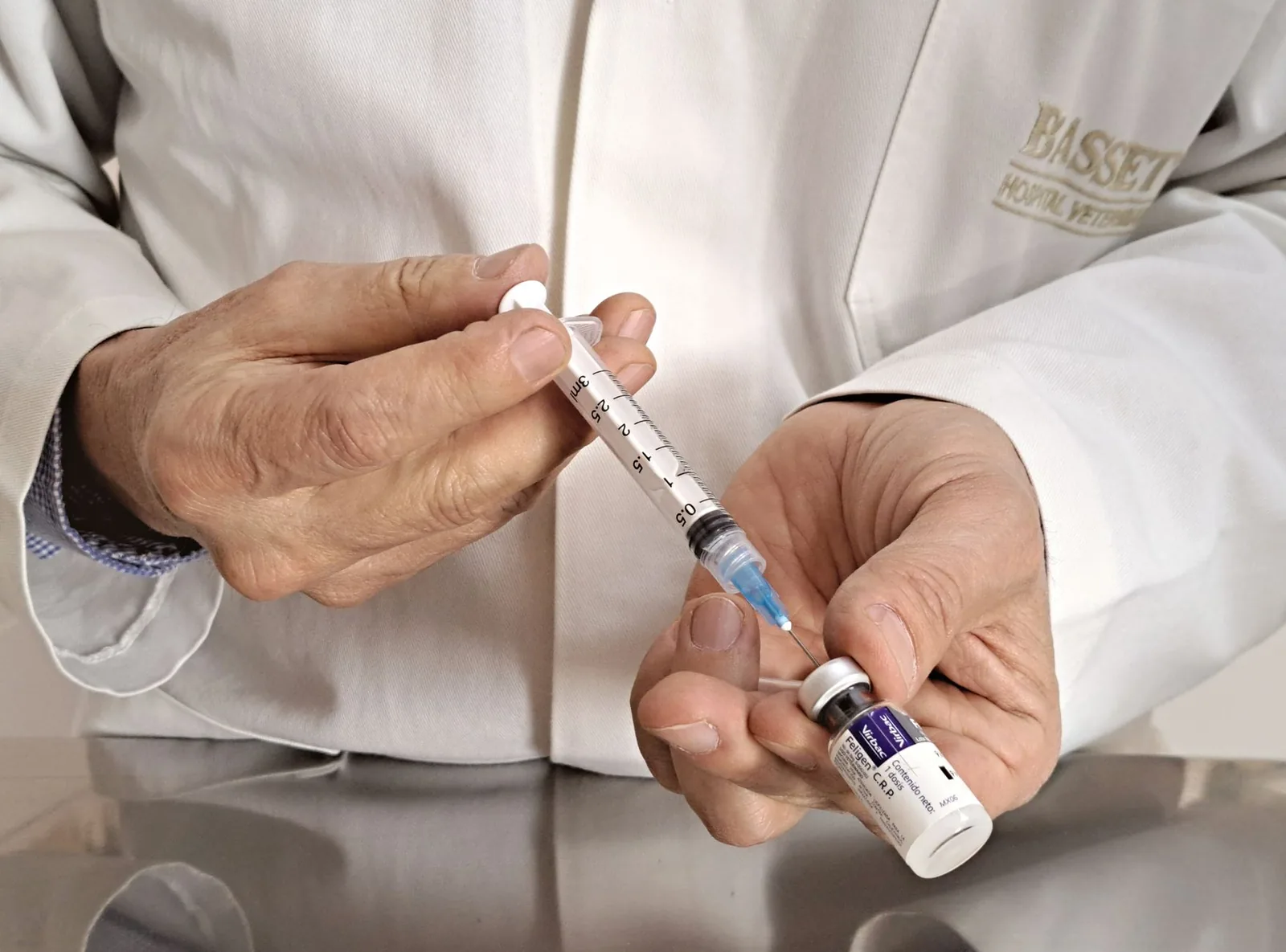A veterinarian preparing a vaccination