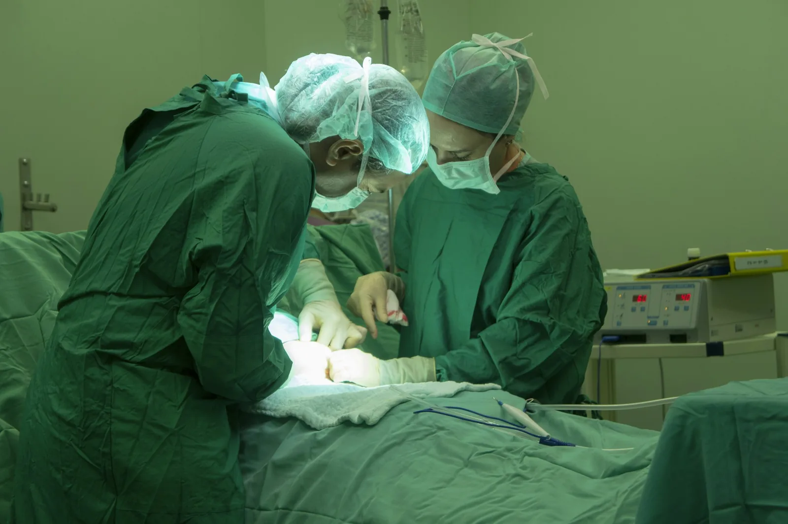 A veterinary team working on a dog in a clinical setting