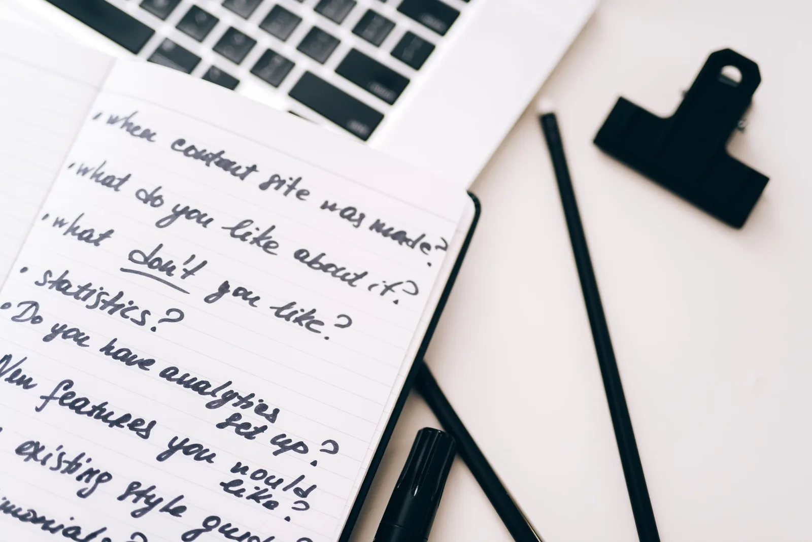A list of questions written in a notebook